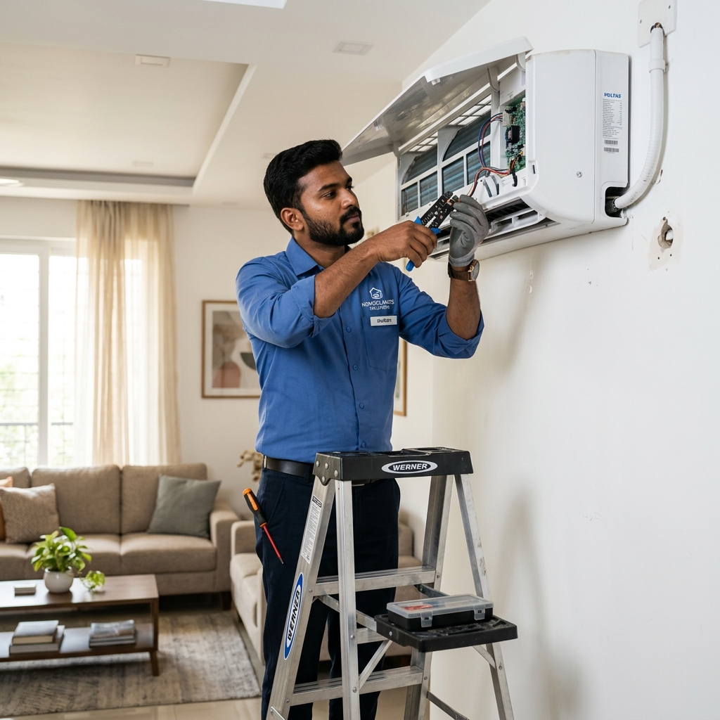 AR Electronics Technician repairing a split AC at home in Indore